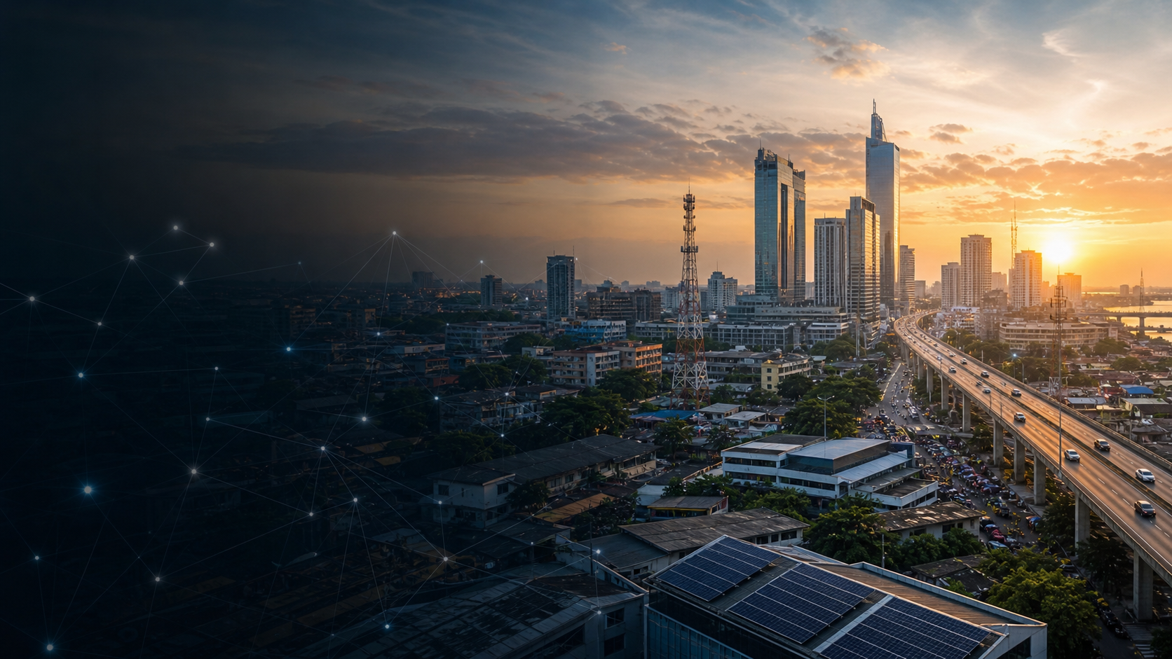 A modern African city corridor with digital infrastructure at sunrise